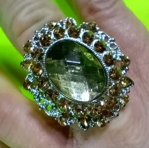 Silvertone mirror green yellow crystals stretch adjustable large huge ring 7.5